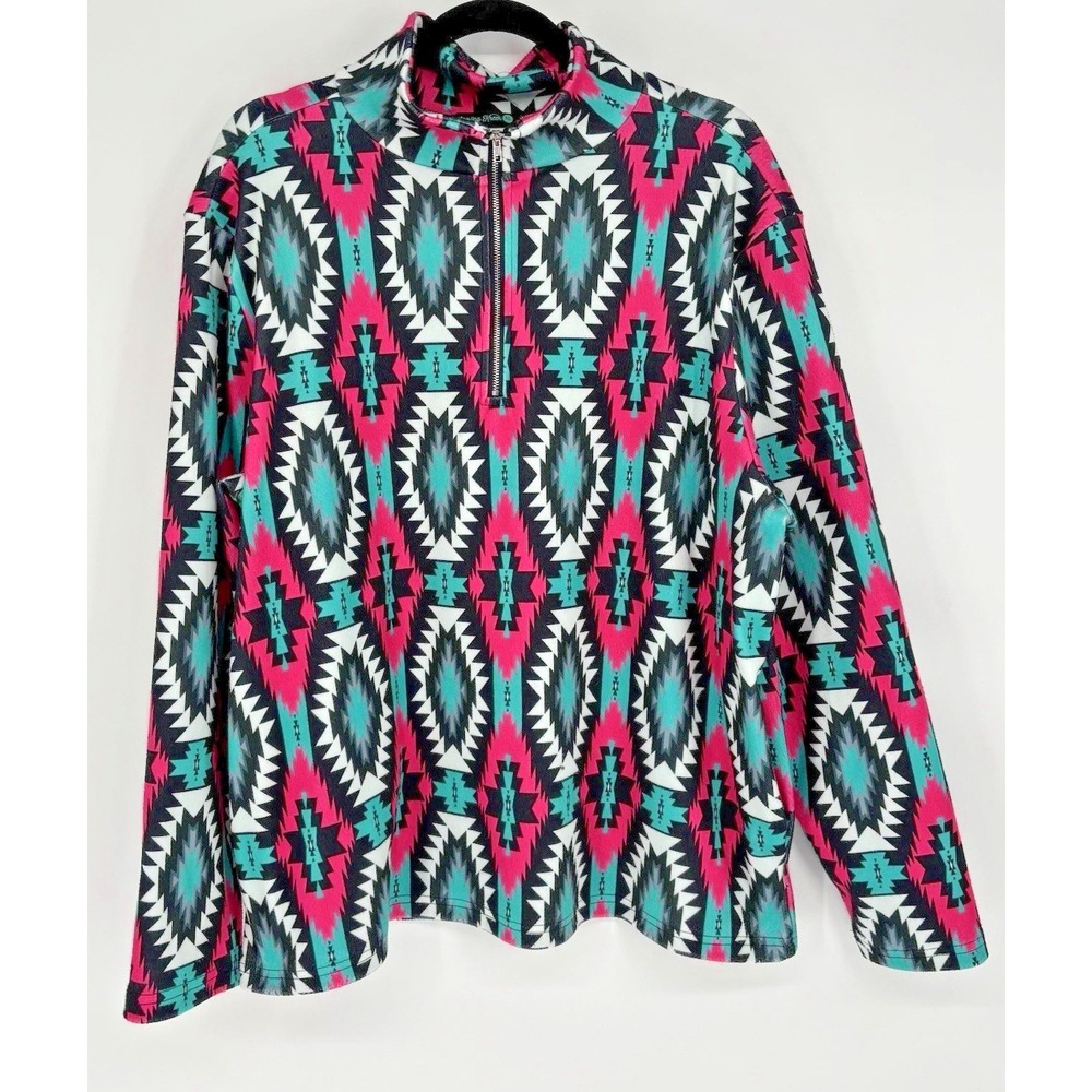 Sterling Kreek Geometric Fleece Zip Mock Neck Top Pink Black Teal White X-Large
